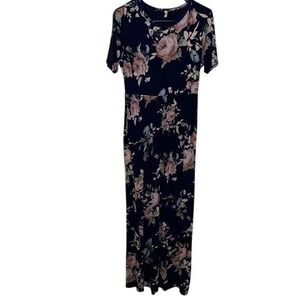 Beeson River Floral Maxi Dress Navy Pink Roses Short Sleeve Casual